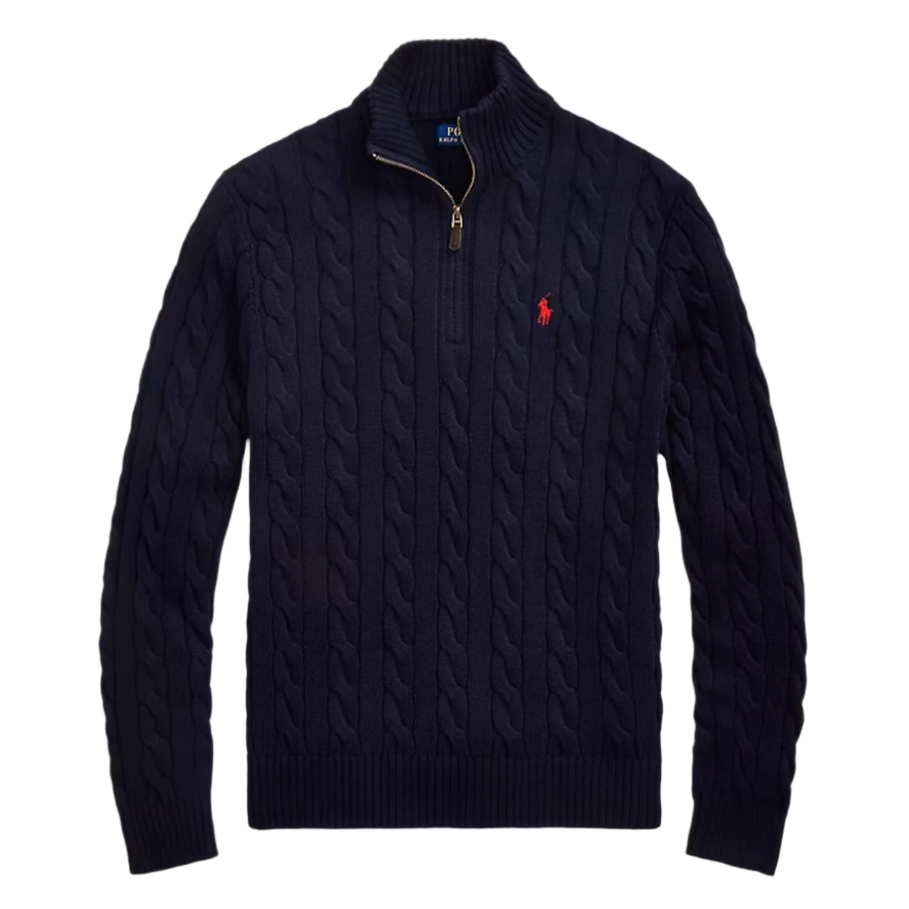RALPH LAUREN KNITTED QUARTER ZIP NAVY + RED LOGO (SIZE UP TWICE)